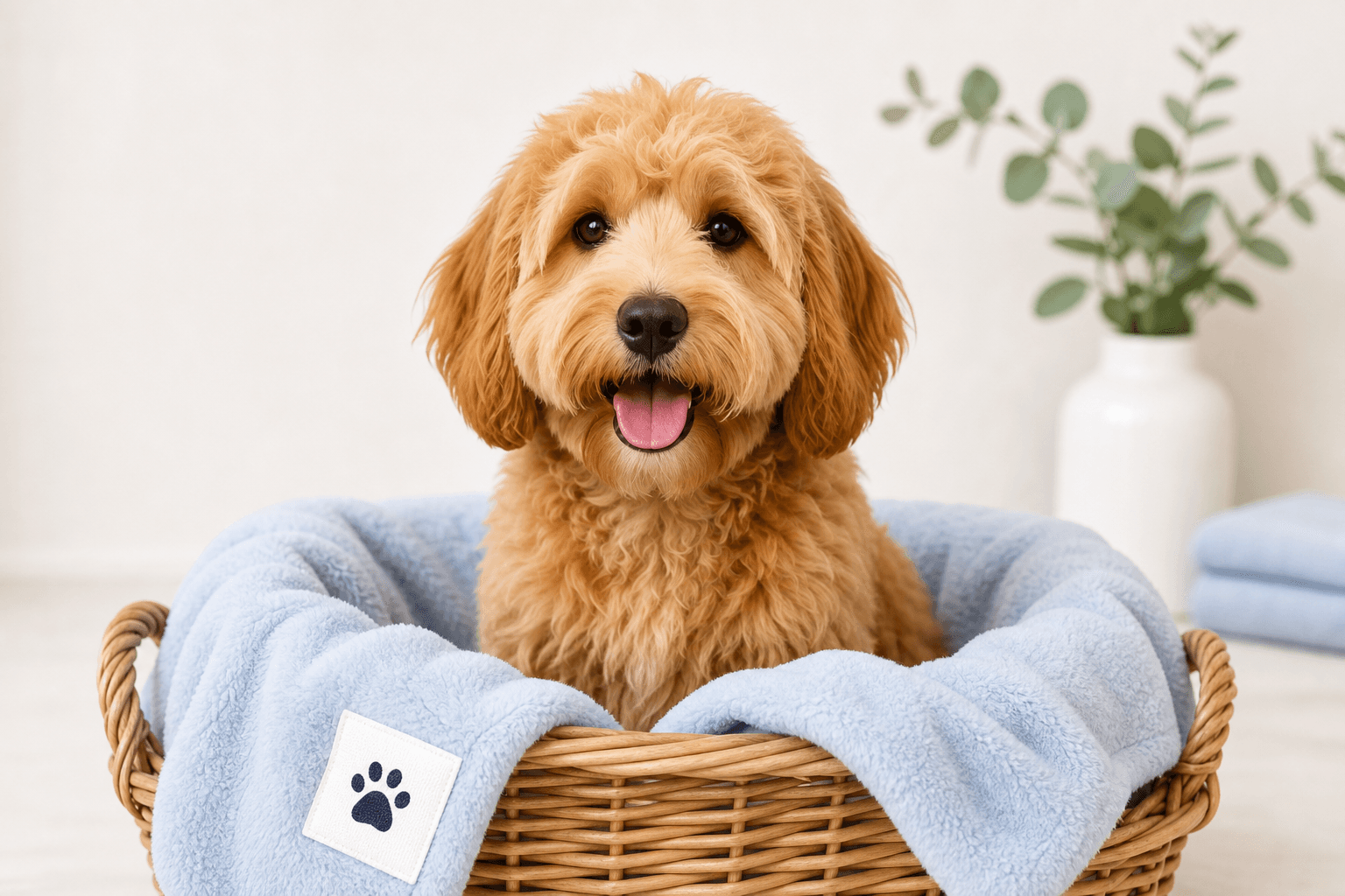 Happy dog sitting in a laundry basket with a fresh blue blanket